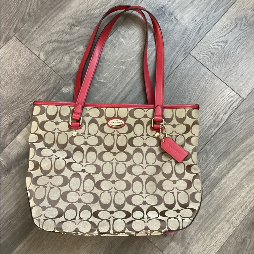 Coach Signature Canvas Tote with Red Trim